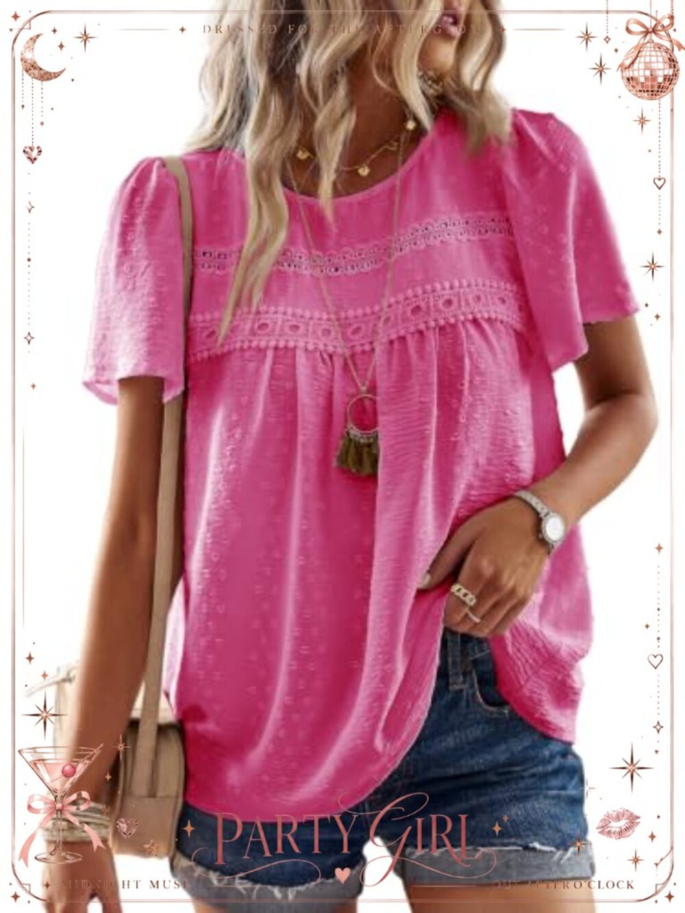 Womens Crochet Lace Boho Blouse Short Sleeve Crew Neck Top